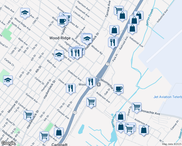 map of restaurants, bars, coffee shops, grocery stores, and more near 180 Woodridge Street in Wood-Ridge