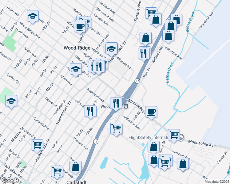 map of restaurants, bars, coffee shops, grocery stores, and more near 0 Wood Ridge Street in Wood-Ridge