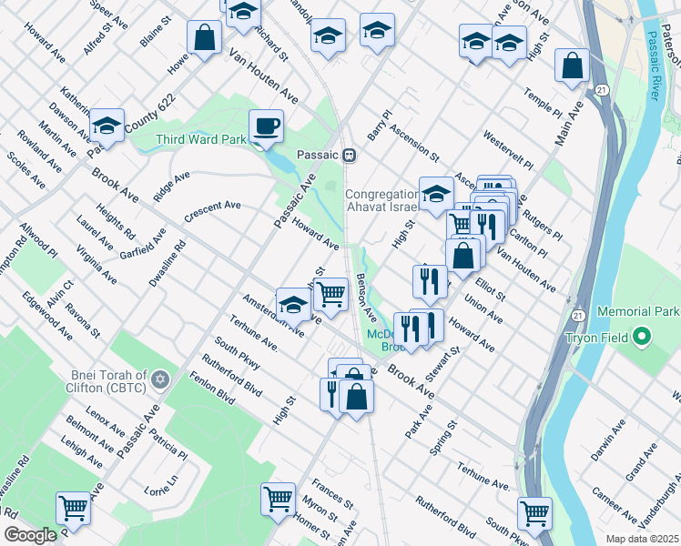 map of restaurants, bars, coffee shops, grocery stores, and more near 8 John Street in Passaic