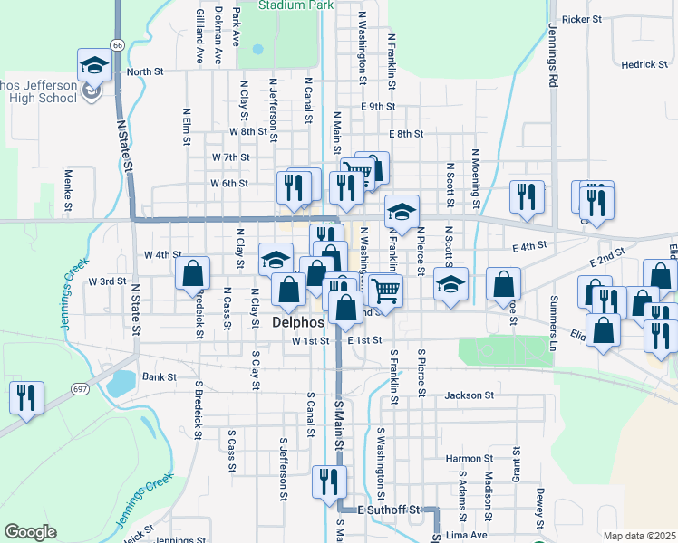 map of restaurants, bars, coffee shops, grocery stores, and more near 151-199 E 3rd St in Delphos