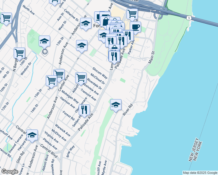 map of restaurants, bars, coffee shops, grocery stores, and more near 1500 Palisade Avenue in Fort Lee