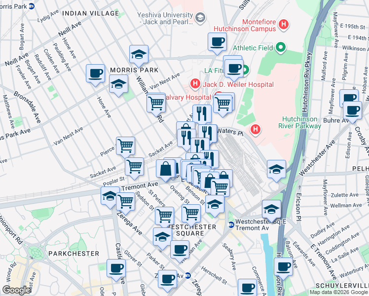 map of restaurants, bars, coffee shops, grocery stores, and more near 1538 Williamsbridge Road in Bronx