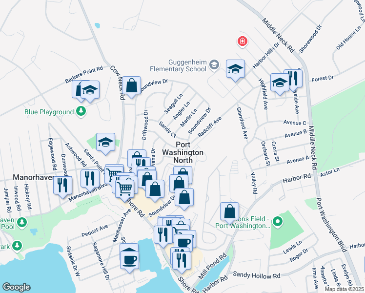 map of restaurants, bars, coffee shops, grocery stores, and more near in Port Washington North