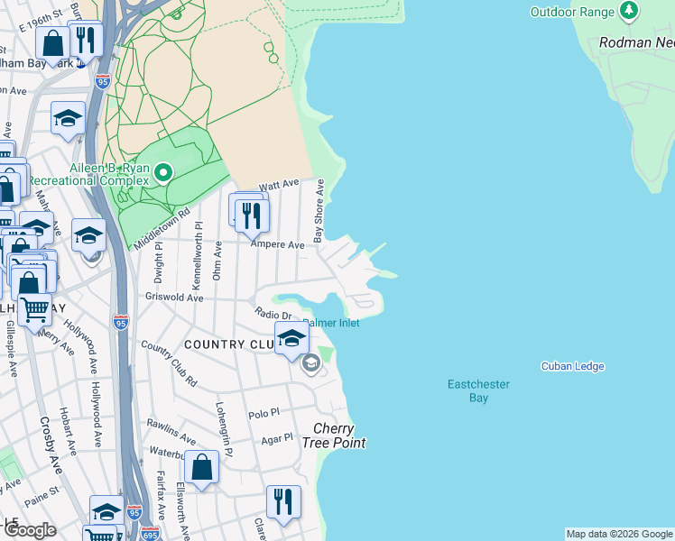map of restaurants, bars, coffee shops, grocery stores, and more near 1516 Outlook Avenue in The Bronx