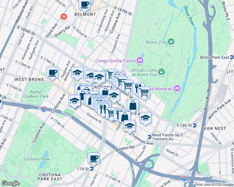 map of restaurants, bars, coffee shops, grocery stores, and more near 2083 Mohegan Avenue in Bronx