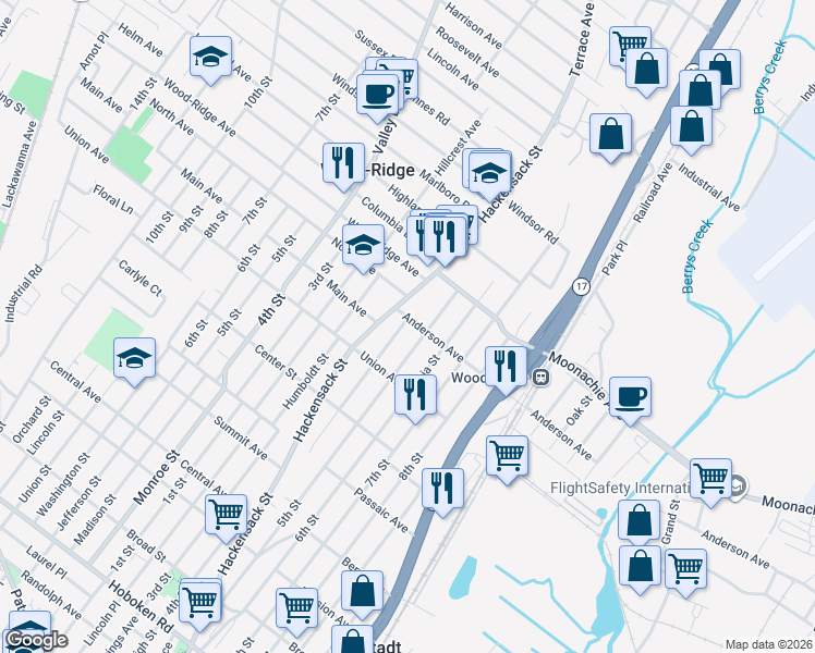 map of restaurants, bars, coffee shops, grocery stores, and more near 534 Anderson Avenue in Wood-Ridge