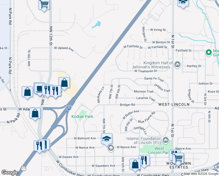 map of restaurants, bars, coffee shops, grocery stores, and more near 3126 Northwest 7th Street in Lincoln