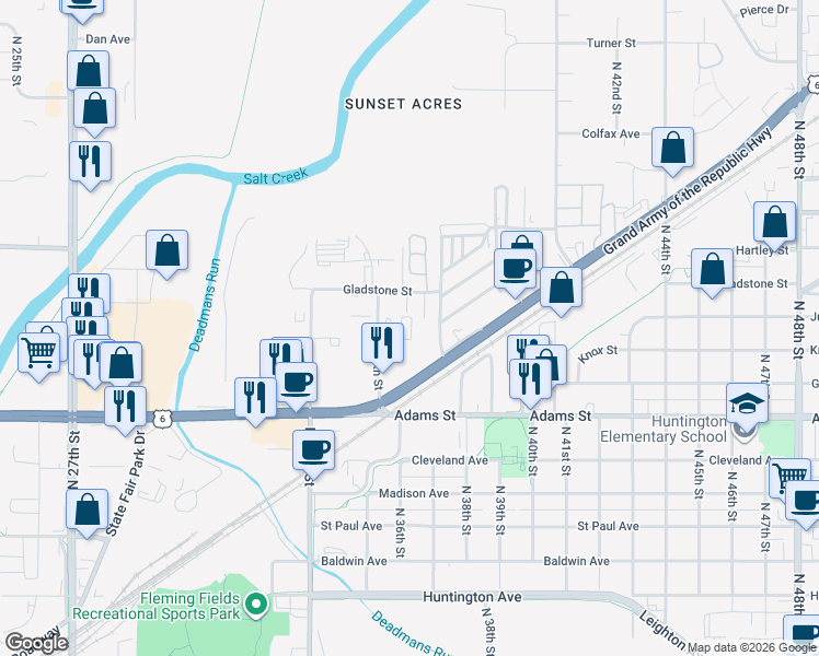 map of restaurants, bars, coffee shops, grocery stores, and more near 3100 North 35th Street in Lincoln