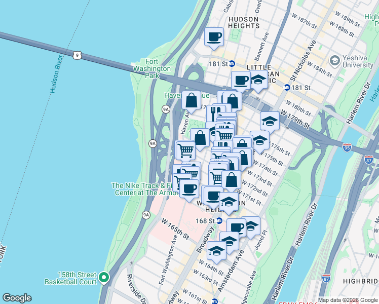 map of restaurants, bars, coffee shops, grocery stores, and more near 121 Haven Avenue in New York