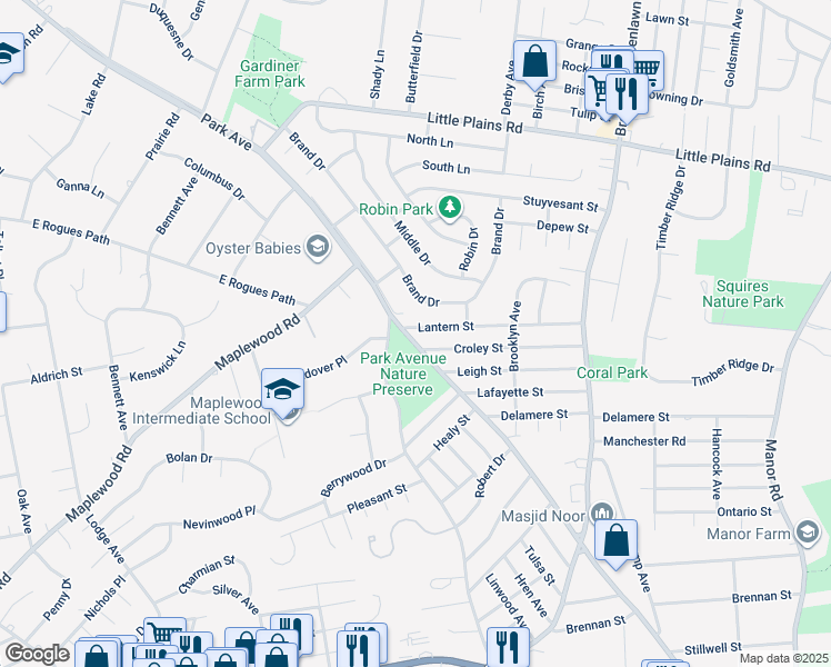 map of restaurants, bars, coffee shops, grocery stores, and more near 954 Park Avenue in Huntington