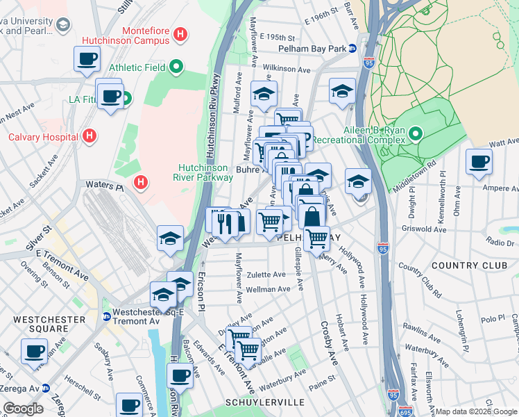 map of restaurants, bars, coffee shops, grocery stores, and more near 1645 Edison Avenue in Bronx