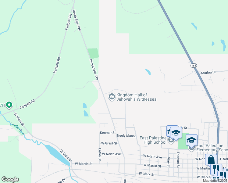 map of restaurants, bars, coffee shops, grocery stores, and more near 103 Claybrook Drive in East Palestine