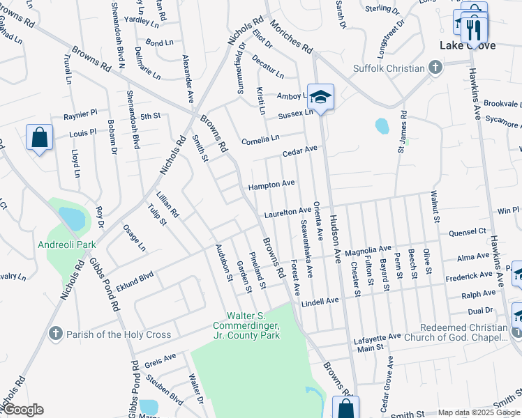 map of restaurants, bars, coffee shops, grocery stores, and more near 7 Hawthorne Avenue in Nesconset
