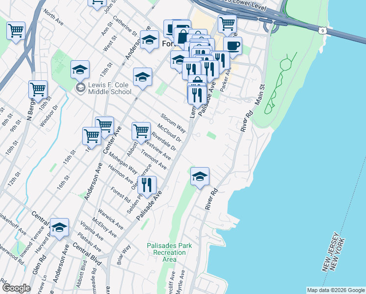 map of restaurants, bars, coffee shops, grocery stores, and more near 1500 Palisade Avenue in Fort Lee