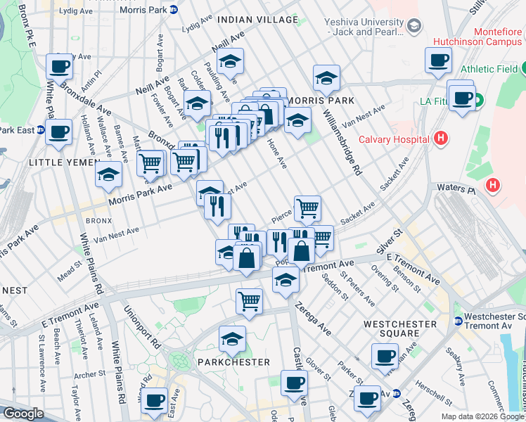 map of restaurants, bars, coffee shops, grocery stores, and more near 1623 Radcliff Avenue in Bronx