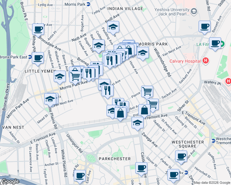 map of restaurants, bars, coffee shops, grocery stores, and more near 1651 Bogart Avenue in The Bronx