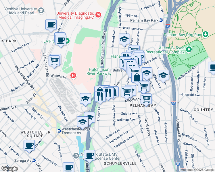 map of restaurants, bars, coffee shops, grocery stores, and more near 1635 Mulford Avenue in The Bronx