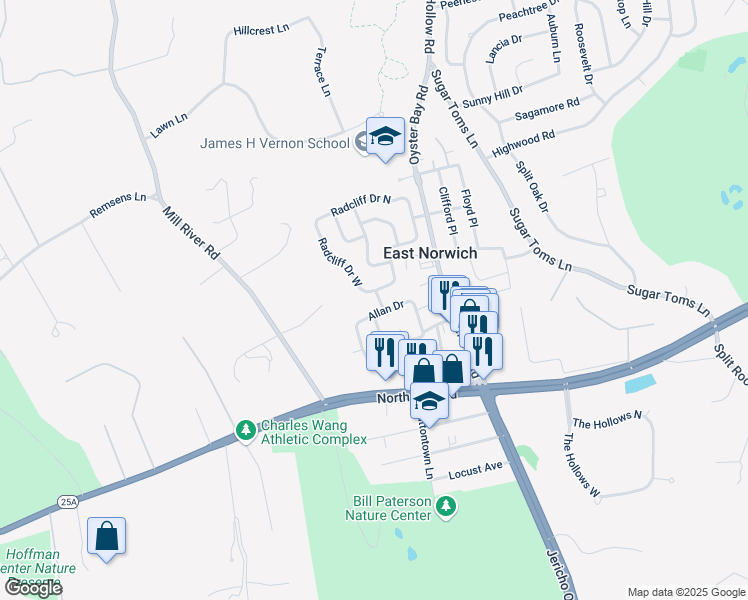 map of restaurants, bars, coffee shops, grocery stores, and more near 1 Laurel Court in East Norwich