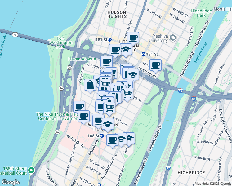 map of restaurants, bars, coffee shops, grocery stores, and more near 609 West 174th Street in New York