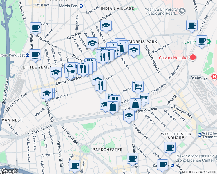 map of restaurants, bars, coffee shops, grocery stores, and more near 1651 Bogart Avenue in The Bronx
