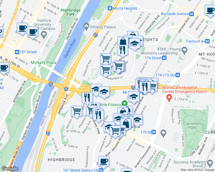 map of restaurants, bars, coffee shops, grocery stores, and more near Plimpton Avenue & Cross Bronx Expressway Service Road in Bronx