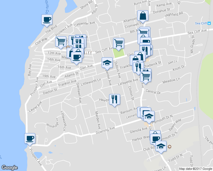map of restaurants, bars, coffee shops, grocery stores, and more near 60 Lafayette Avenue in Sea Cliff
