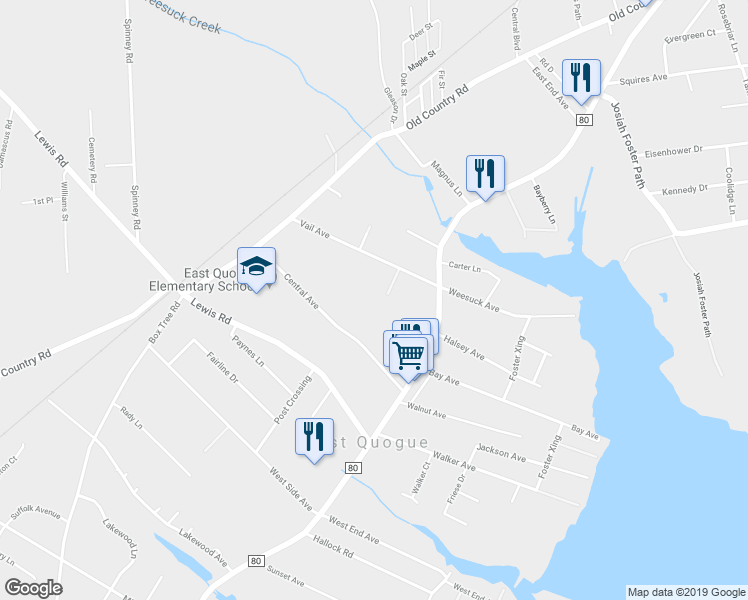 map of restaurants, bars, coffee shops, grocery stores, and more near 32 Vail Avenue in East Quogue