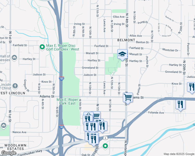 map of restaurants, bars, coffee shops, grocery stores, and more near North 11th Street in Lincoln