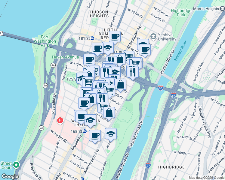 map of restaurants, bars, coffee shops, grocery stores, and more near 561 West 175th Street in New York