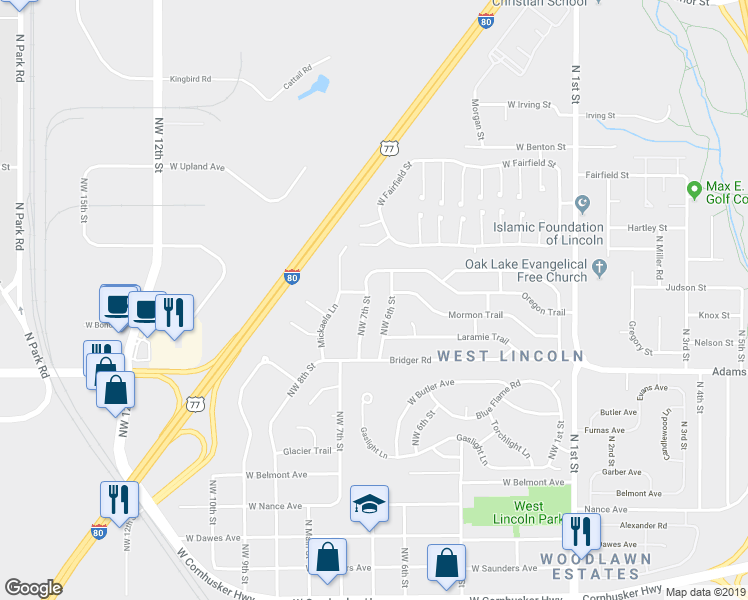 map of restaurants, bars, coffee shops, grocery stores, and more near 3140 Northwest 7th Street in Lincoln