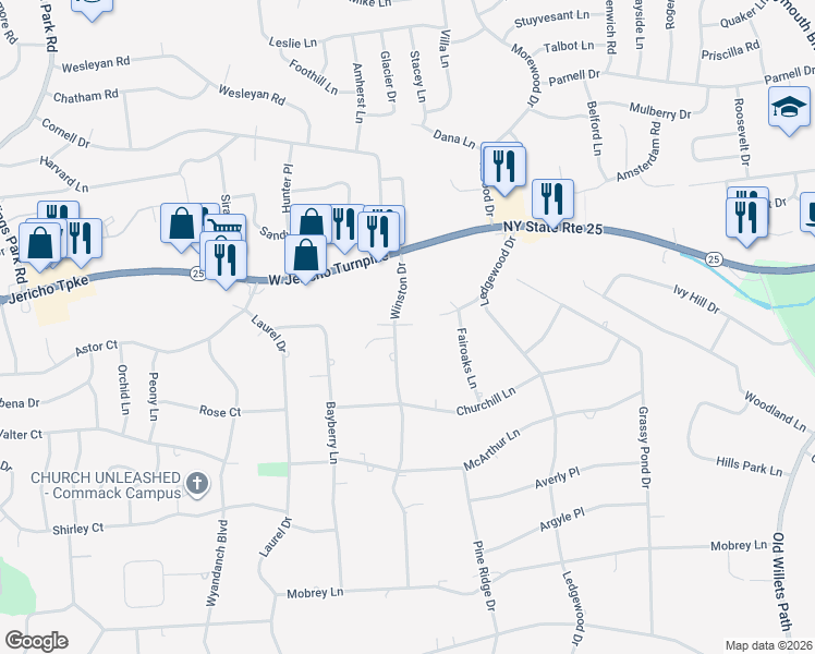 map of restaurants, bars, coffee shops, grocery stores, and more near 21 Winston Drive in Smithtown