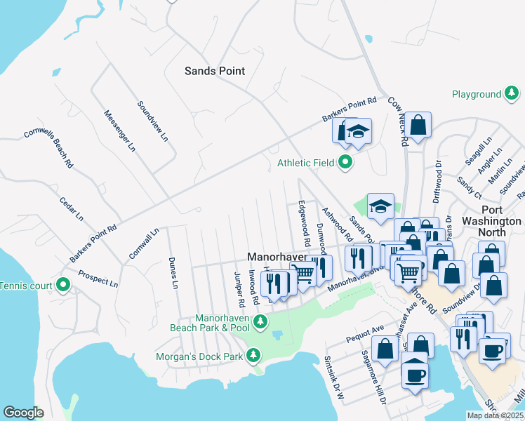 map of restaurants, bars, coffee shops, grocery stores, and more near 74 Hickory Road in Port Washington