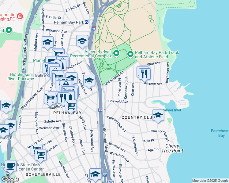 map of restaurants, bars, coffee shops, grocery stores, and more near 1522 Dwight Place in Bronx