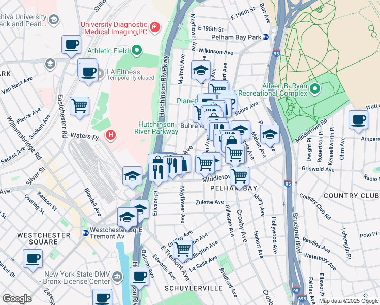 map of restaurants, bars, coffee shops, grocery stores, and more near 1654 Mayflower Avenue in Bronx