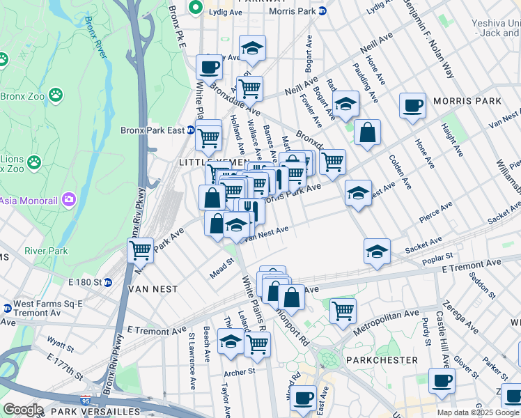 map of restaurants, bars, coffee shops, grocery stores, and more near in The Bronx