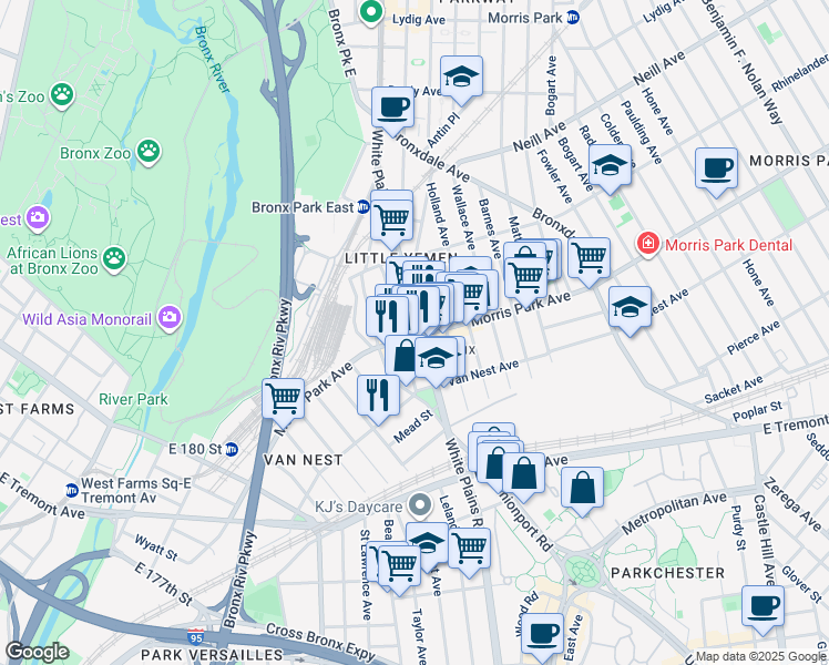 map of restaurants, bars, coffee shops, grocery stores, and more near 1745 White Plains Road in The Bronx
