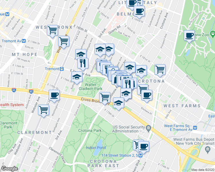 map of restaurants, bars, coffee shops, grocery stores, and more near 1893 Belmont Avenue in Bronx