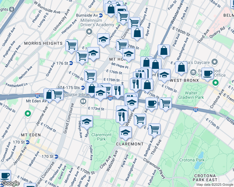 map of restaurants, bars, coffee shops, grocery stores, and more near 1744 Clay Avenue in Bronx