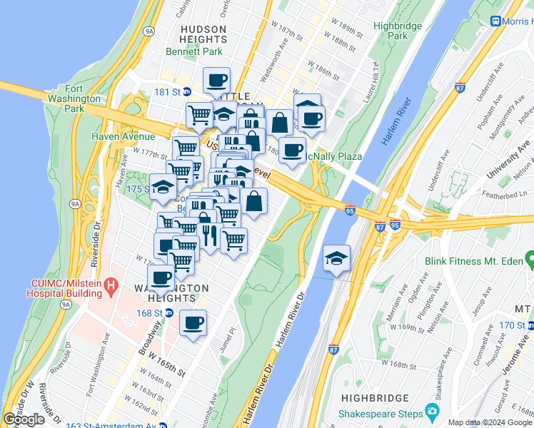 map of restaurants, bars, coffee shops, grocery stores, and more near 2338 Amsterdam Avenue in New York