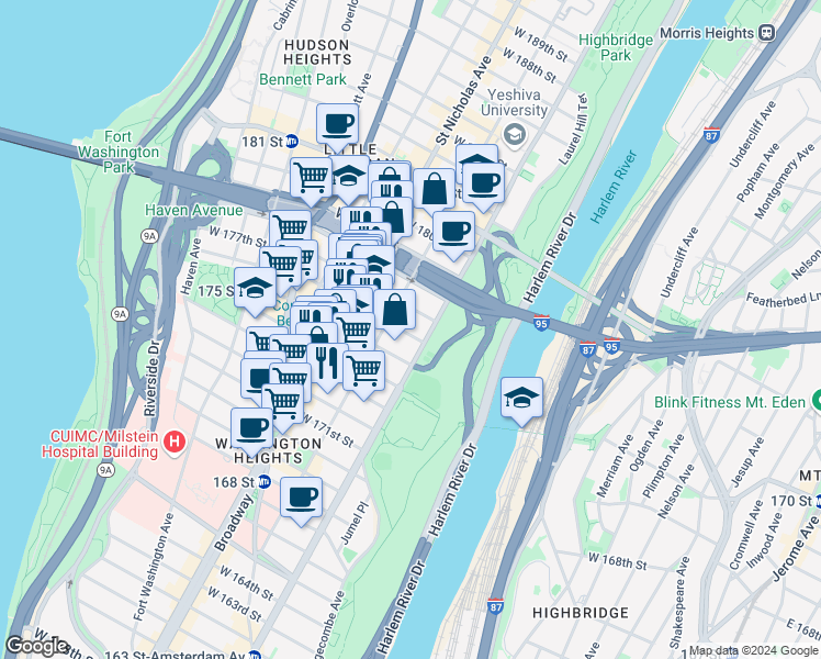 map of restaurants, bars, coffee shops, grocery stores, and more near 2338 Amsterdam Avenue in New York