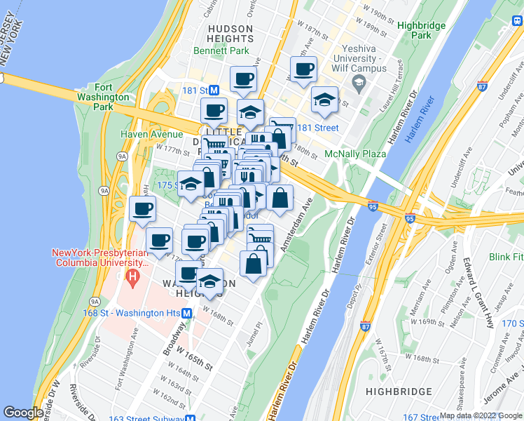 map of restaurants, bars, coffee shops, grocery stores, and more near 201 Audubon Avenue in New York