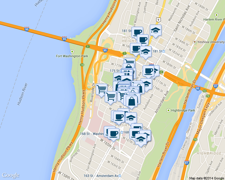 map of restaurants, bars, coffee shops, grocery stores, and more near 285 Fort Washington Avenue in New York