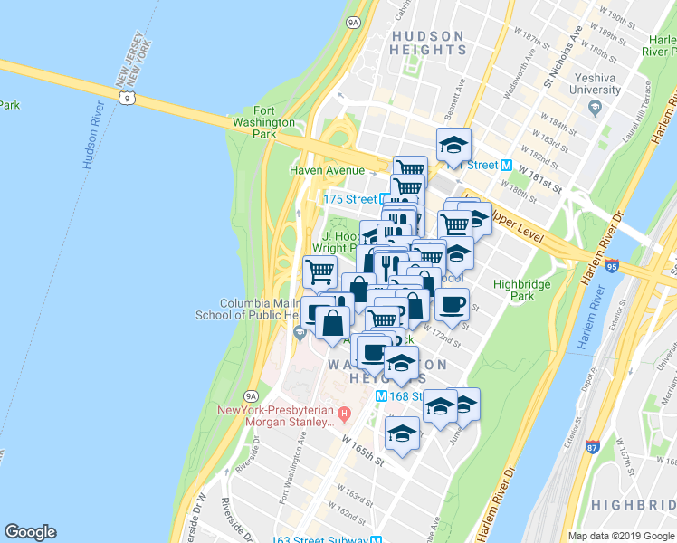 map of restaurants, bars, coffee shops, grocery stores, and more near 285 Fort Washington Avenue in New York