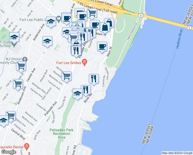 map of restaurants, bars, coffee shops, grocery stores, and more near 26 Colony Road in Edgewater