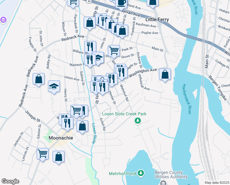map of restaurants, bars, coffee shops, grocery stores, and more near 26 Hester Street in Little Ferry