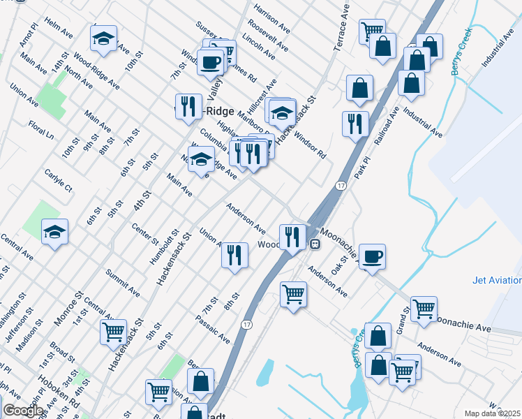 map of restaurants, bars, coffee shops, grocery stores, and more near 164 Columbia Street in Wood-Ridge
