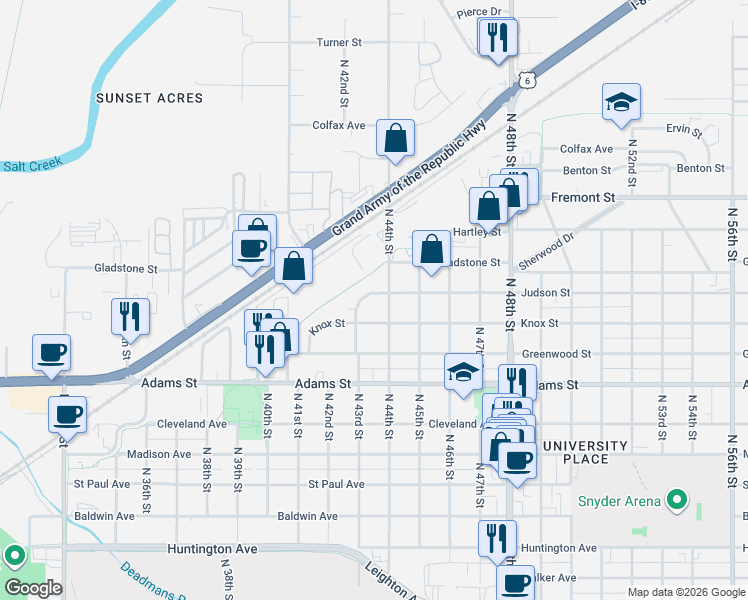 map of restaurants, bars, coffee shops, grocery stores, and more near 4317 Judson Street in Lincoln