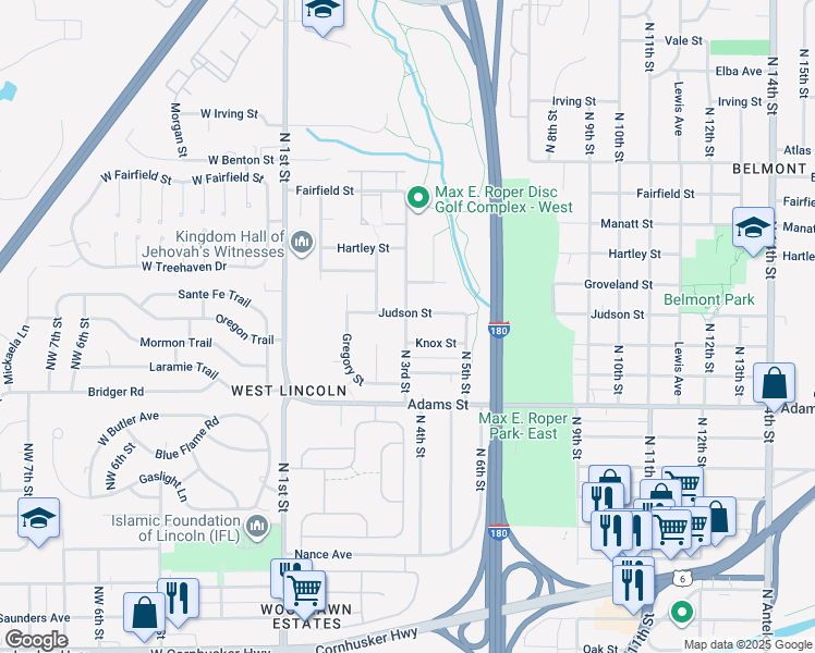 map of restaurants, bars, coffee shops, grocery stores, and more near 3300 North 3rd Street in Lincoln