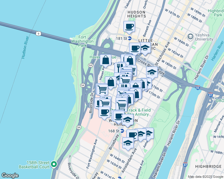 map of restaurants, bars, coffee shops, grocery stores, and more near 285 Fort Washington Avenue in New York