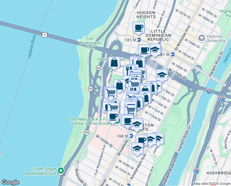map of restaurants, bars, coffee shops, grocery stores, and more near 723 West 172nd Street in New York
